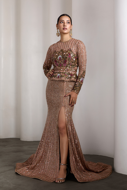 Peplum embroidered gown