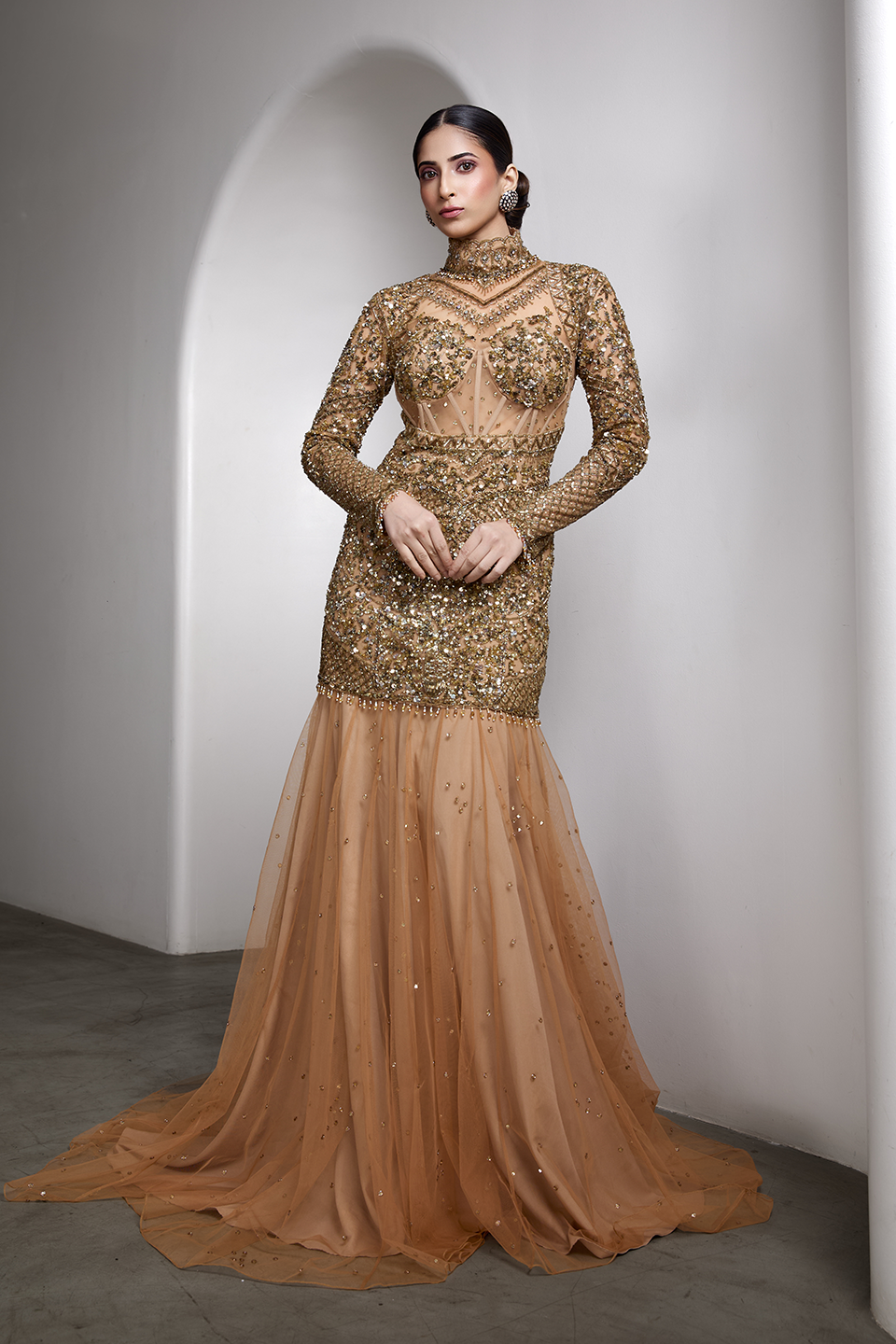 Nude high-neck embroidered gown
