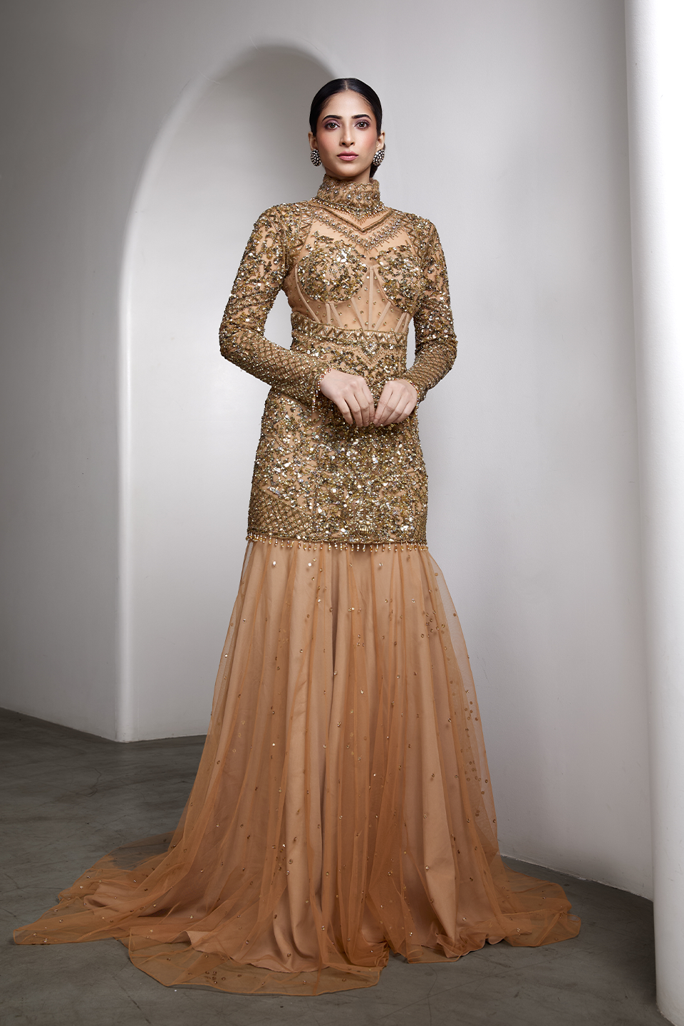 Nude high-neck embroidered gown