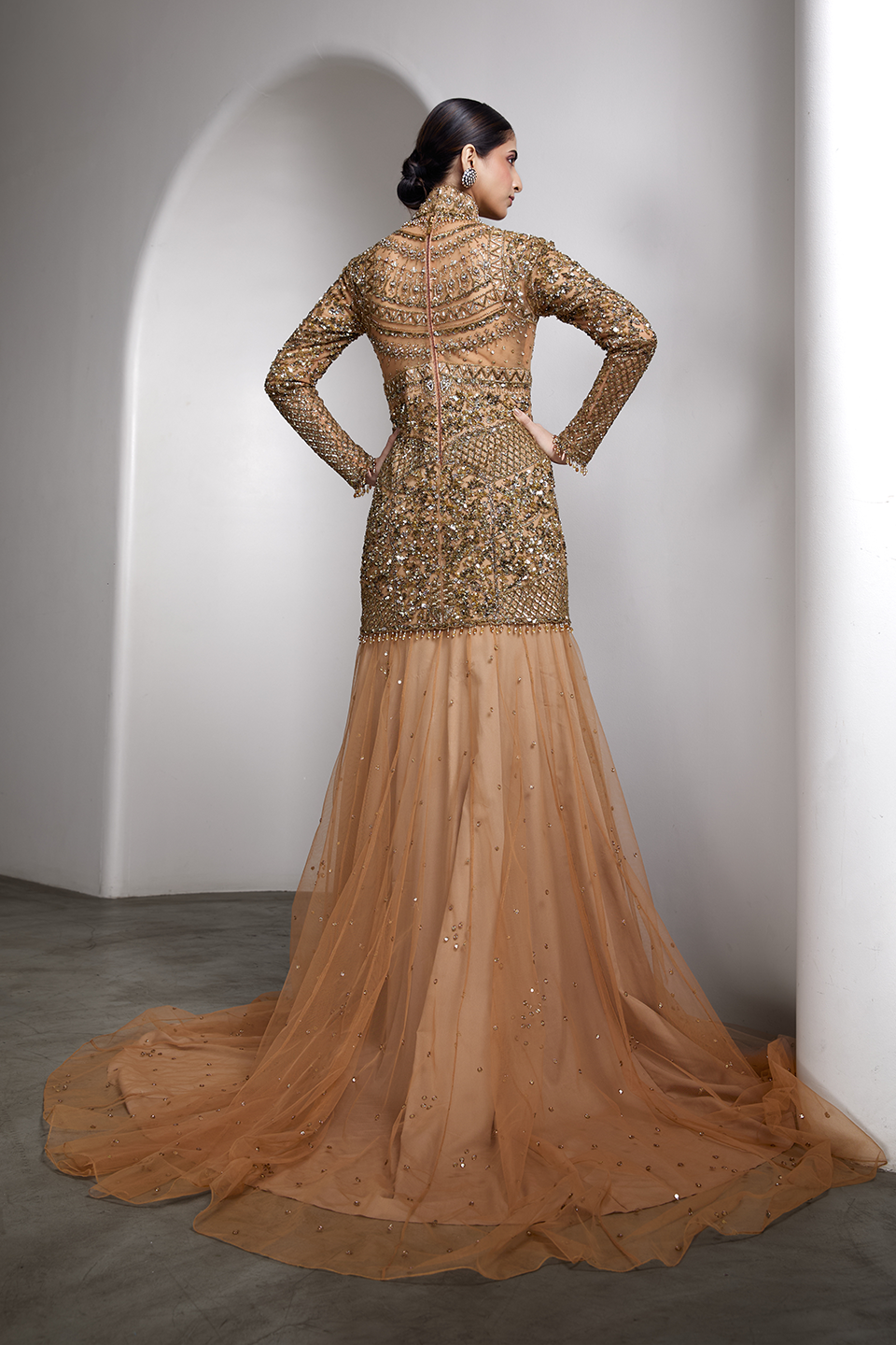 Nude high-neck embroidered gown