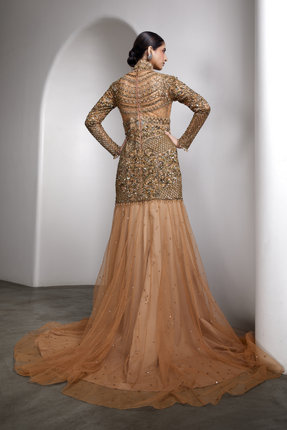 Nude high-neck embroidered gown