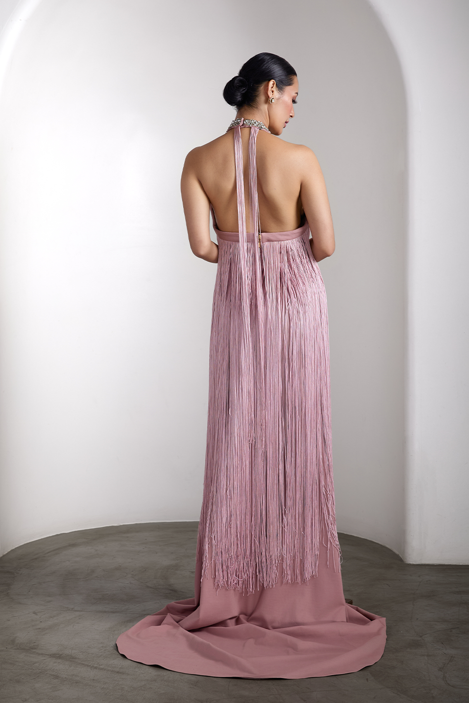 Pink fringe embellished gown