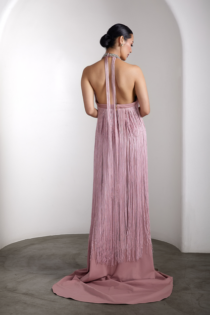 Pink fringe embellished gown