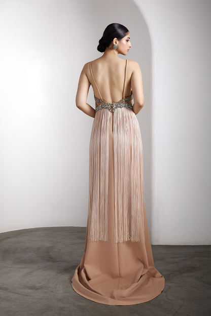 Nude fringe embellished gown