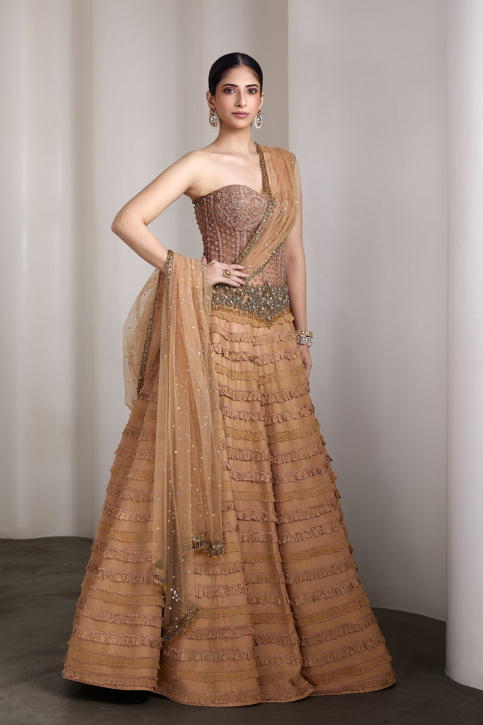 Nude ruffle lehenga set