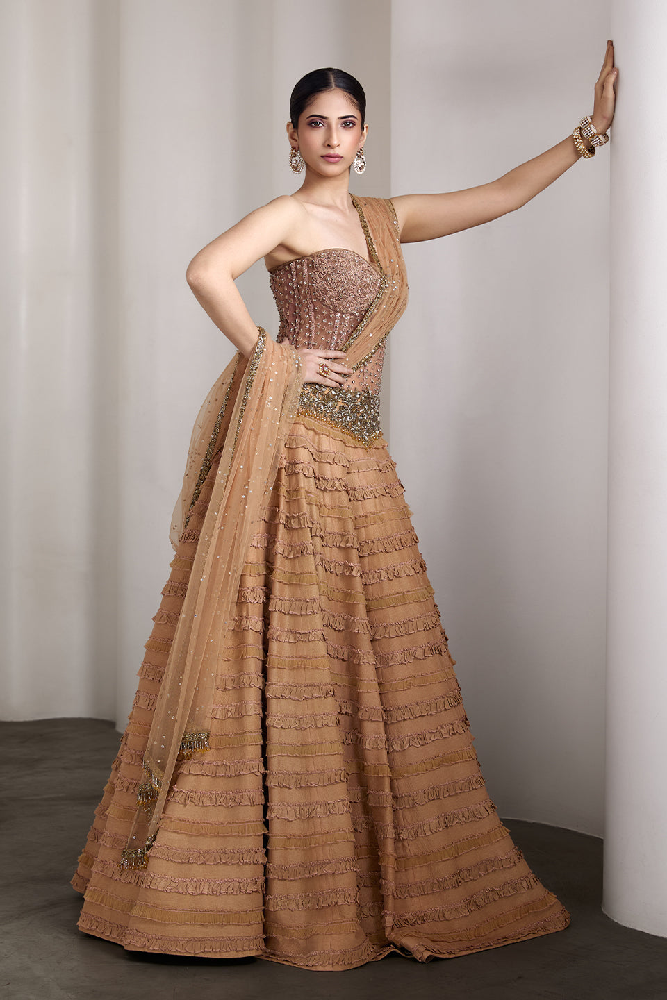 Nude ruffle lehenga set