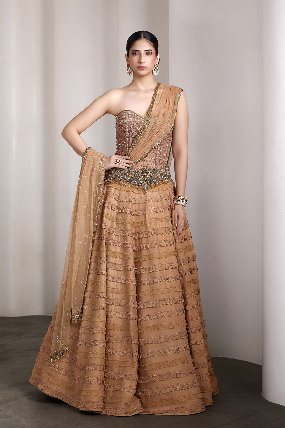 Nude ruffle lehenga set