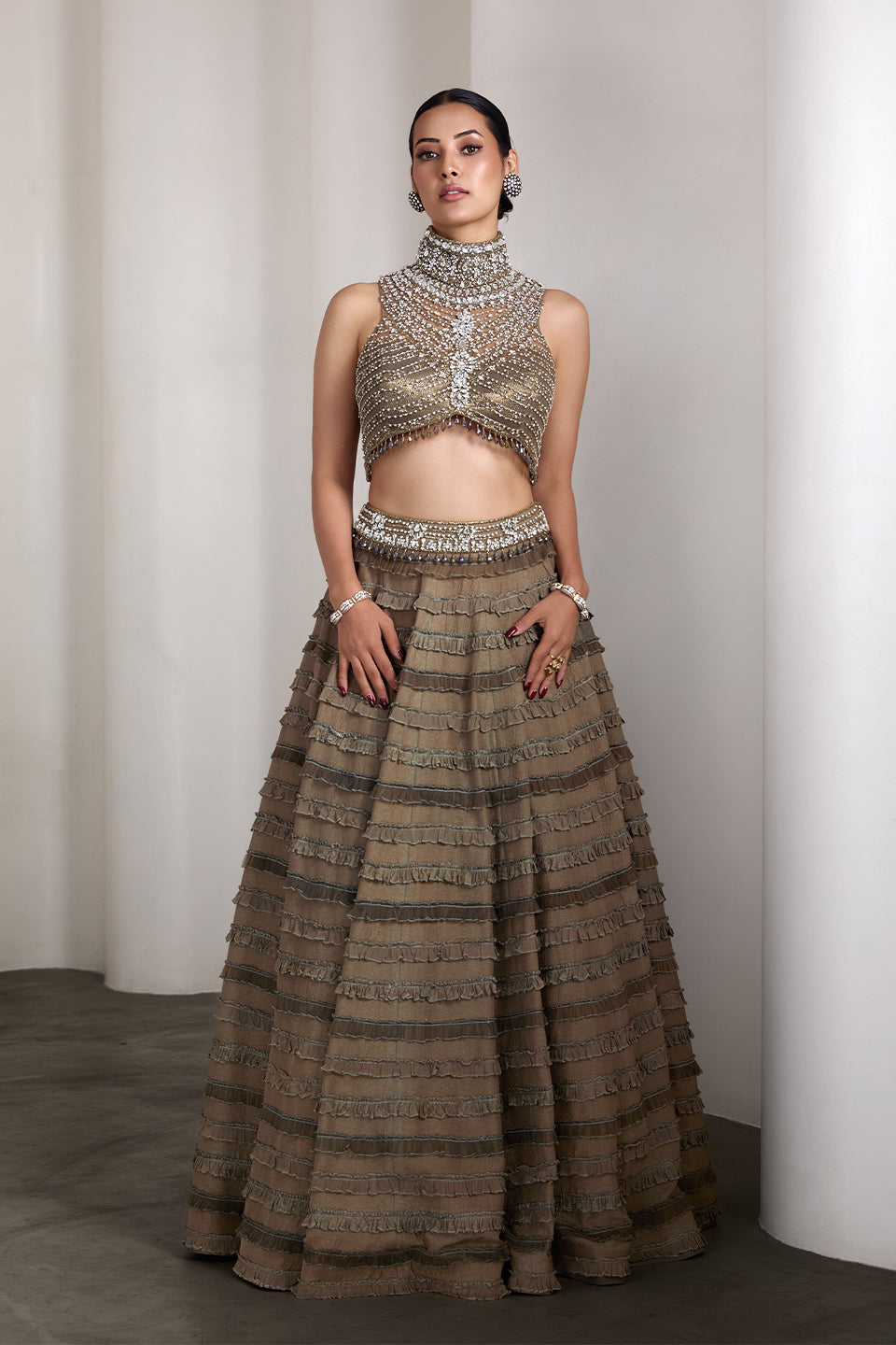 Olive ruffle lehenga set