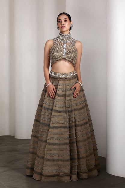 Olive ruffle lehenga set