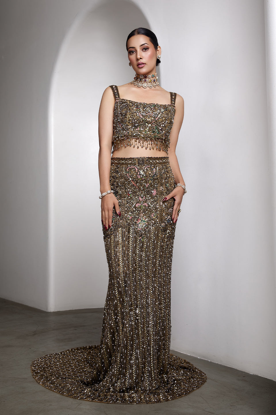 Green fish cut lehenga set