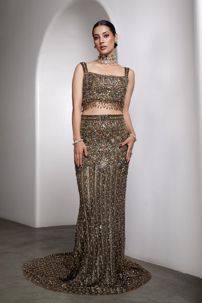 Green fish cut lehenga set