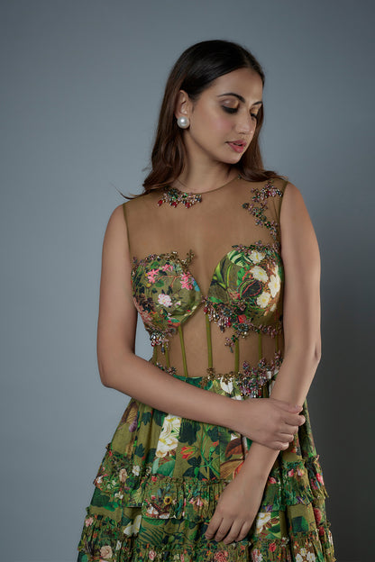 Botanical Printed Raw Silk Gown