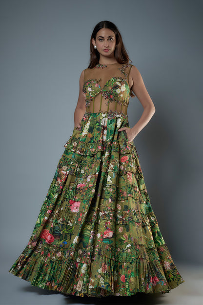 Botanical Printed Raw Silk Gown