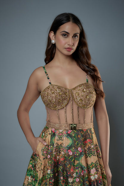 botanical printed raw Silk Gown with Brocade Bodice