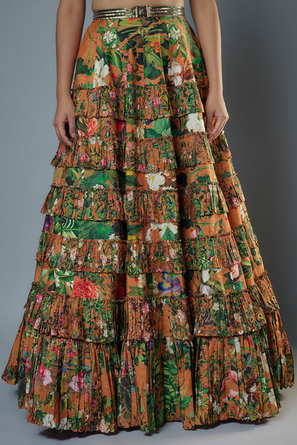 Printed Embroidered Bustier with Printed Lehenga