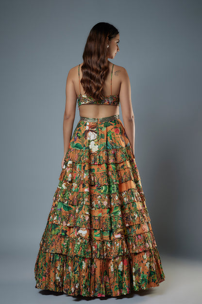 Printed Embroidered Bustier with Printed Lehenga