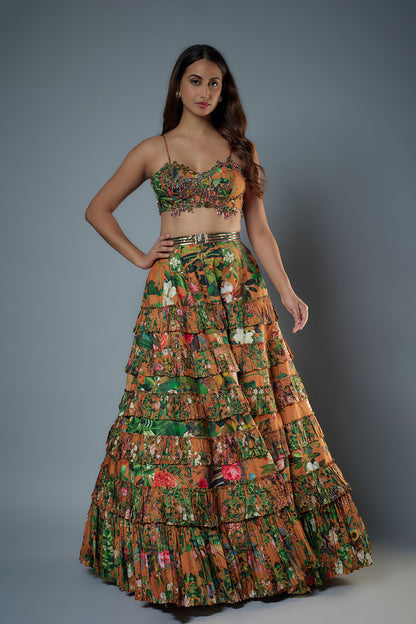 Printed Embroidered Bustier with Printed Lehenga