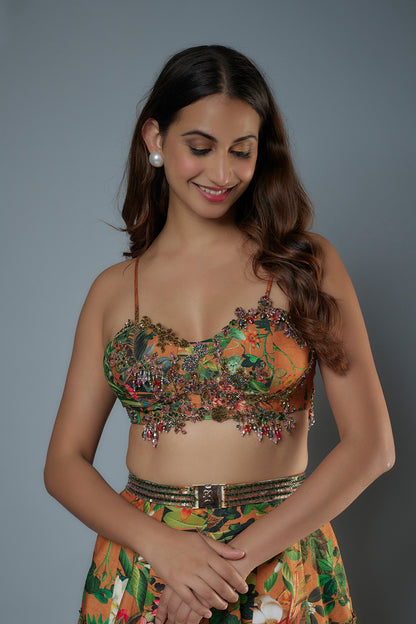 Printed Embroidered Bustier with Printed Lehenga