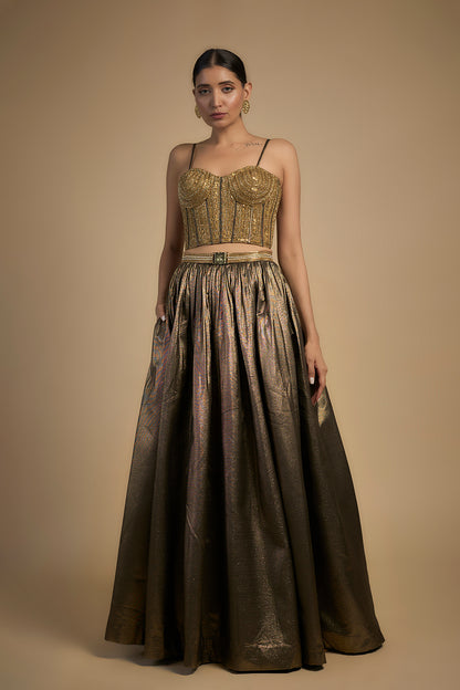 gold corset blouse and lehenga set
