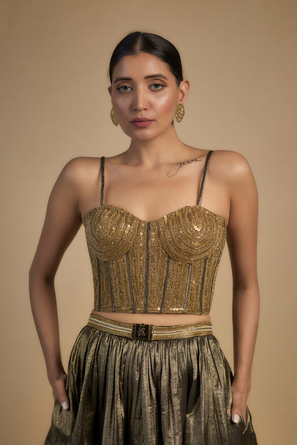 gold corset blouse and lehenga set