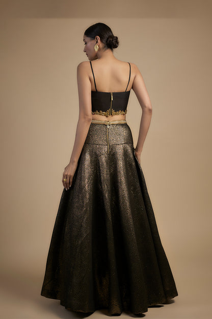 Gold embroidered with moti and chain corset fit Blouse lehenga set