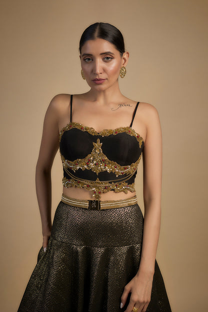 Gold embroidered with moti and chain corset fit Blouse lehenga set