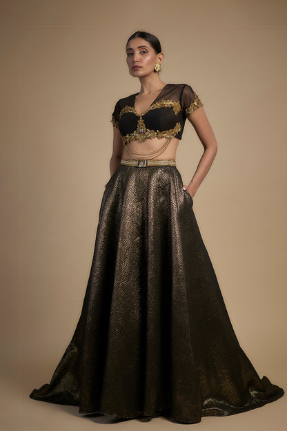 Gold embroidered corset fit Blouse and lehenga set