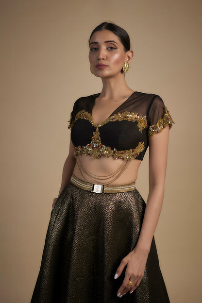 Gold embroidered corset fit Blouse and lehenga set