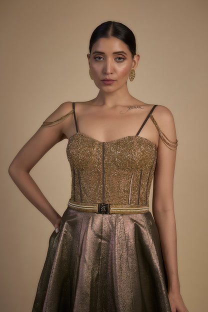 Gold sequins corset with chain gown