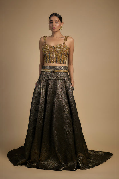Gold corset with tassel sleeves lehenga set