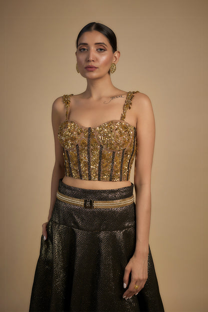 Gold corset with tassel sleeves lehenga set