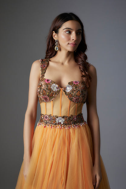 Orange Net Patchwork & Botanical Printed Corset Gown