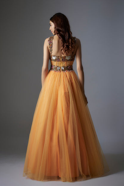 Orange Net Patchwork & Botanical Printed Corset Gown