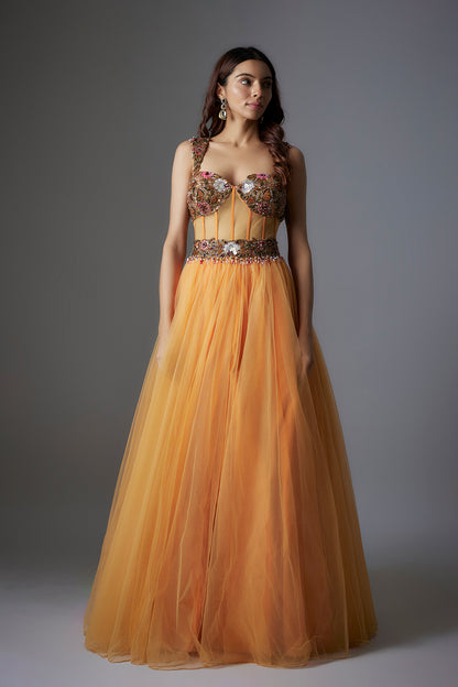 Orange Net Patchwork & Botanical Printed Corset Gown