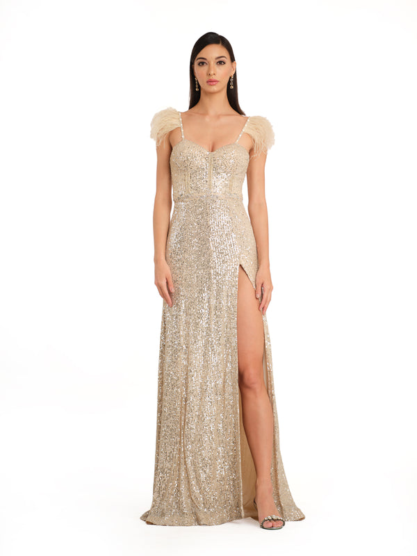 Ivory Sequin Corset Gown with Feather Detailing on Straps