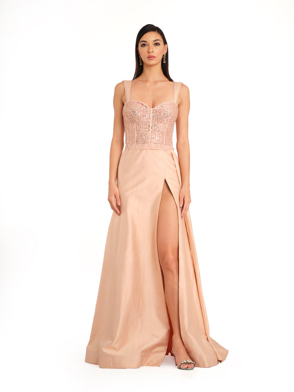Peach Embroidered Bodice High Slit Gown