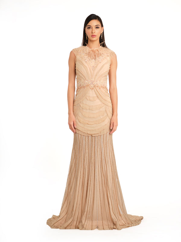 Sleeveless Layered Gown with Embroidery Detailing