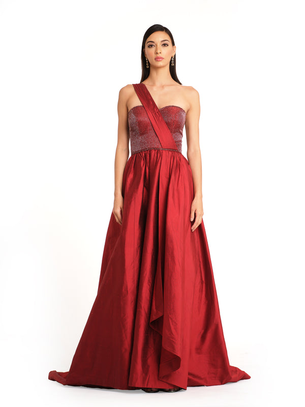Embroidered Gown with Shoulder Drape Detailing