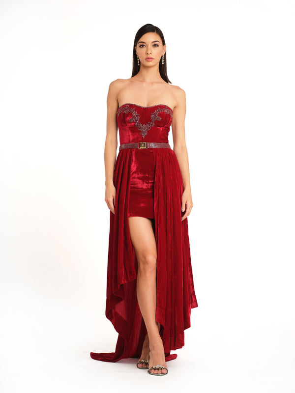 Embroidered Velvet Gown with Drape