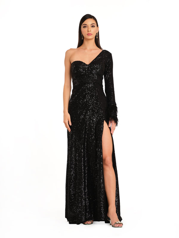 Off Shoulder Gown with Feather Detailing on sleeve cuff