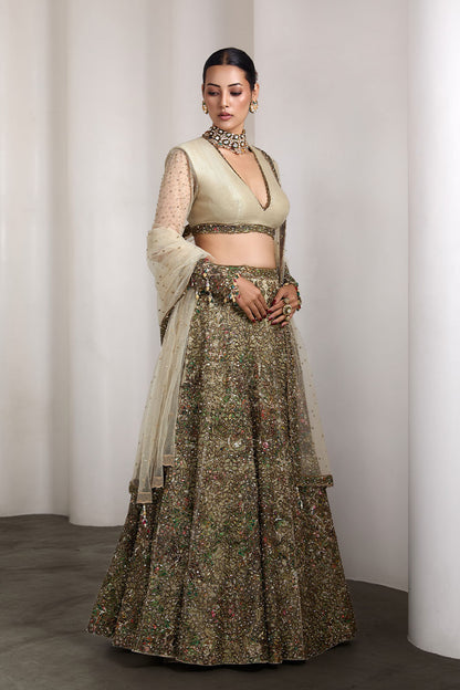 Ivory patchwork lehenga set