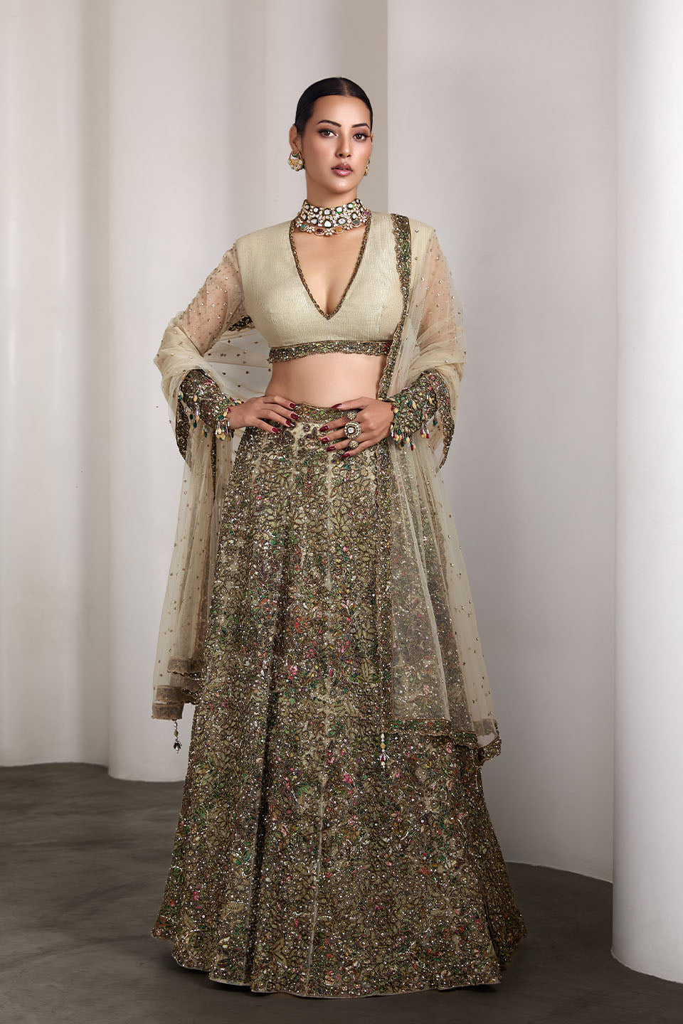 Ivory patchwork lehenga set