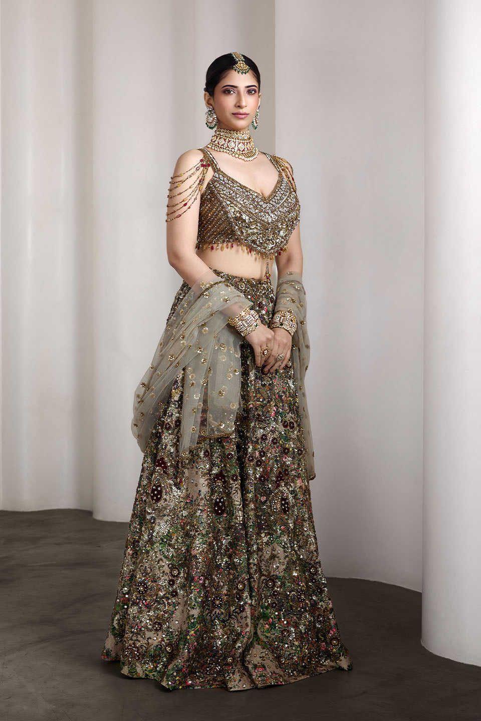Velvet patch embroidered lehenga set