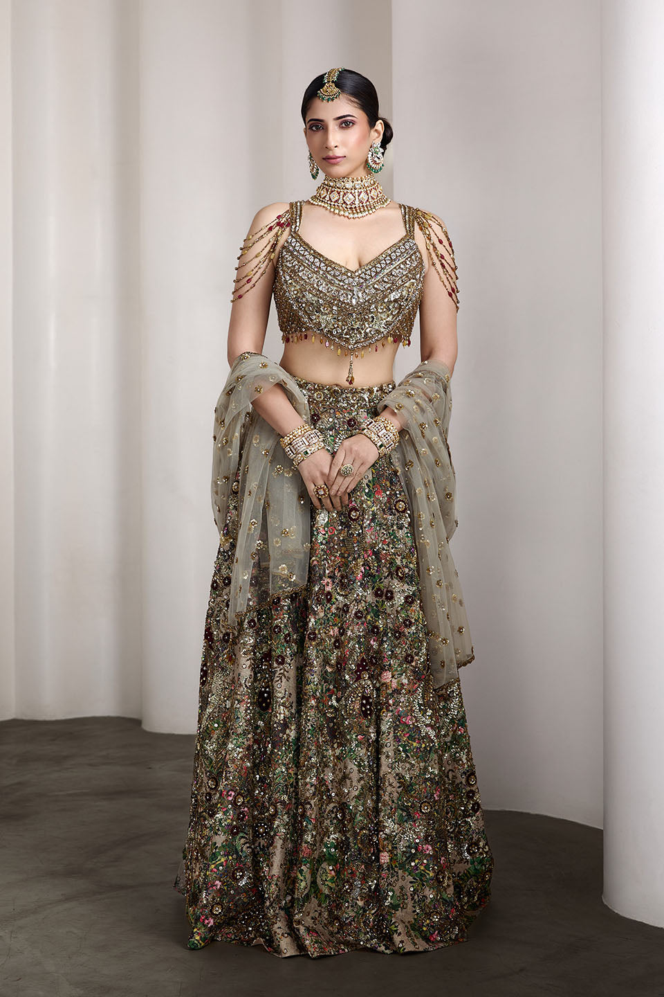 Velvet patch embroidered lehenga set