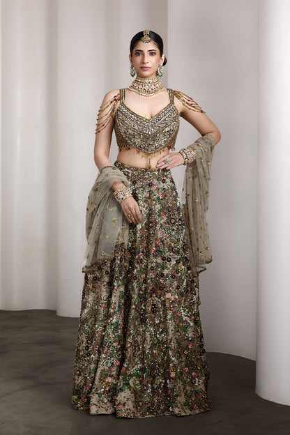 Velvet patch embroidered lehenga set