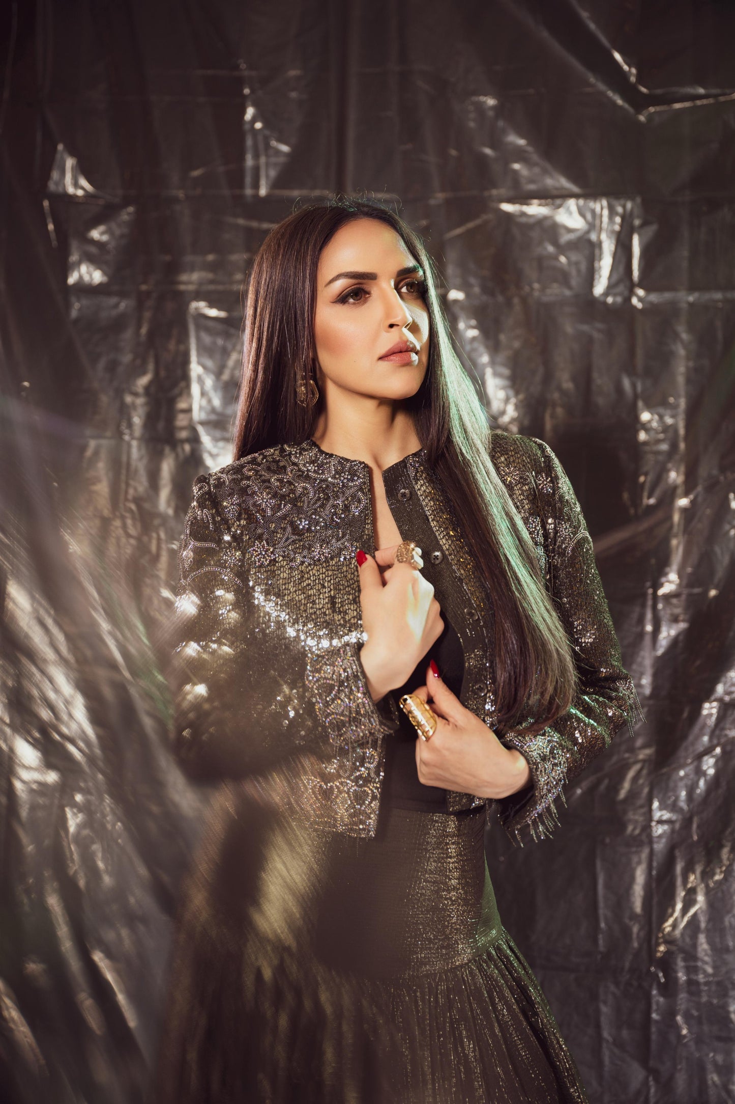 Esha Deol in sequin embellished jacket