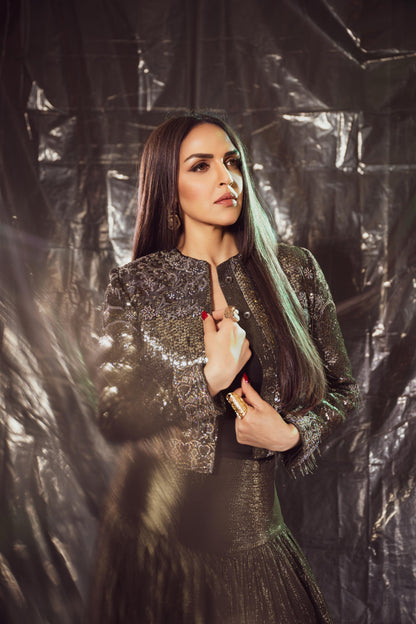 Esha Deol in sequin embellished jacket