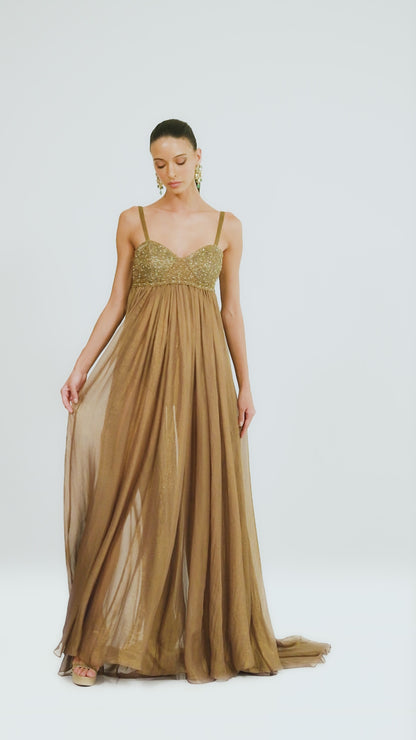 Embroidered Bust Metallic Gown