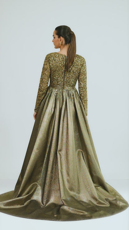 Gold Full Sleeve Gown with V Neck