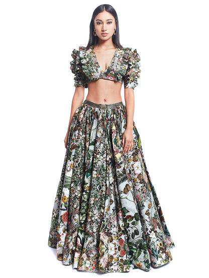 Printed Ruffled Top with Digital Print Long Skirt